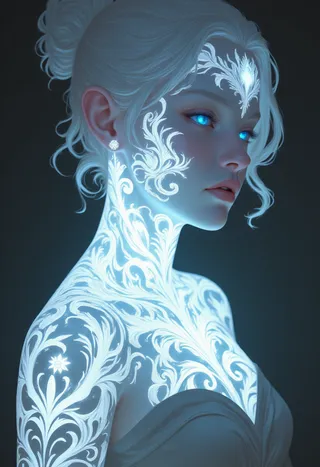 Ritratto di una donna Valchiria di alabastro con intricati tatuaggi bioluminescenti luminosi e occhi azzurri vividi in illuminazione Rembrandt.
