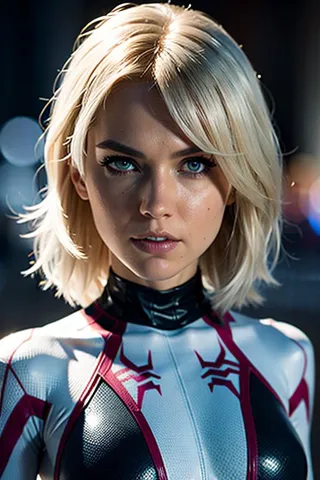 Close-up of Spider-Gwen with detailed face and blonde hair posing in superhero suit under sunlight