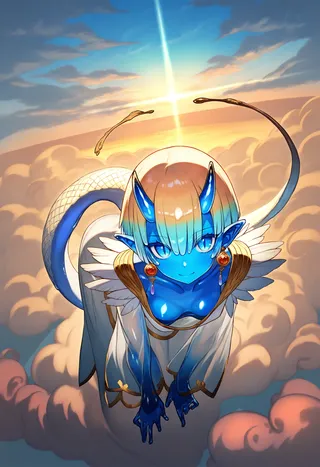 Une fille slime à la peau bleue avec des cornes d'oni et une queue de dragon, portant des vêtements blancs bordés d'or et des bijoux, flottant au-dessus des nuages au coucher du soleil.