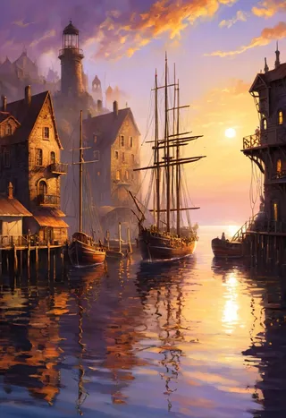 Peaceful coastal seascape town at golden hour with warm light illuminating rustic wooden piers and stone docks, calm ocean reflecting gold and lavender hues, and steampunk-inspired ships anchored in the harbor.