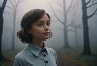 Photorealistic image of a young girl with a light smile in a foggy forest, wearing a collared shirt, captured with dramatic, low-key lighting and vintage lens effects.