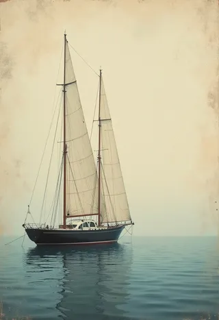 Vintage-style delicate yacht with tall sails on calm evening shore water, featuring a minimalistic and concise design with craquelure texture.