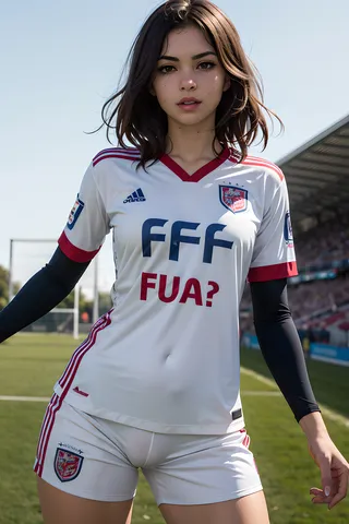 Female goalkeeper standing on a soccer field wearing a white soccer uniform with red details and dark arm sleeves, in front of goal net.