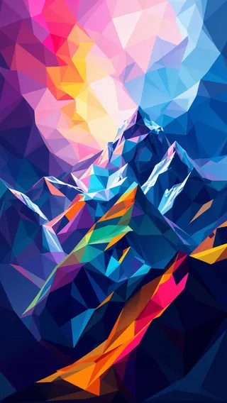 Vivid polygonal art with prismatic, geometric shapes forming an abstract mountain landscape with colorful facets.