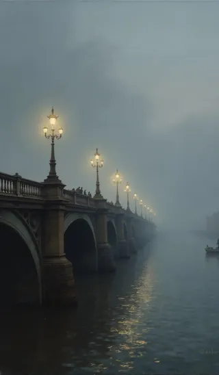 Fog-covered London bridge at dusk with glowing lanterns softly illuminating the misty scene and their light reflecting on the river below.
