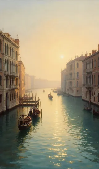 Oil painting of Venice’s Grand Canal at dawn with gondolas drifting on golden water, soft morning light, and misty iconic architecture inspired by Turner.