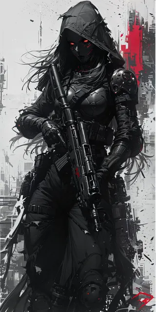 Un boceto cyberpunk en blanco y negro de una mujer con ojos rojos brillantes, vestida con armadura táctica oscura y capucha, sosteniendo grandes ametralladoras contra un fondo urbano devastado por la guerra con toques rojos.