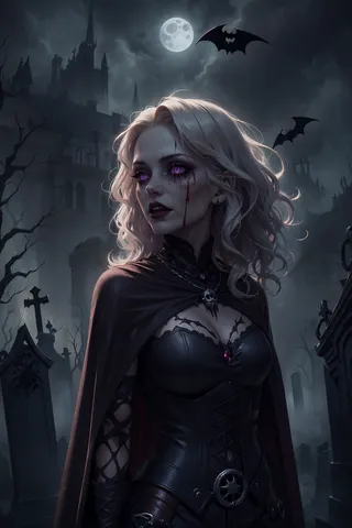 A gothic vampire woman with platinum blonde wavy hair and glowing purple eyes stands amidst a misty graveyard under a full moon, wearing a dark leather corset and cape stained with blood.
