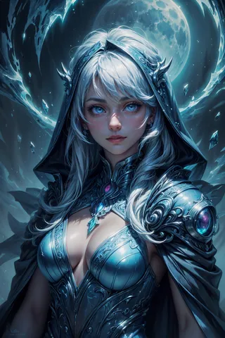 Detailed illustration of a moon priestess with white hair and glowing blue eyes wearing intricate blue armor, standing before a lunar observatory under a glowing moon.
