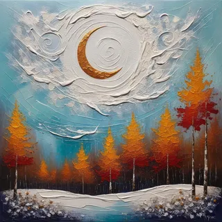 Textured oil painting depicting an abstract winter scene with a large crescent moon in white swirling clouds, orange and red autumn trees against a bright blue sky with snow-covered ground.