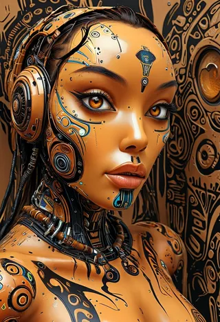 Uma garota maori robô futurista altamente estilizada com olhos pixelados e detalhes technoid intrincados em tons bege, marrom e preto sobre um fundo escuro com padrão orgânico.