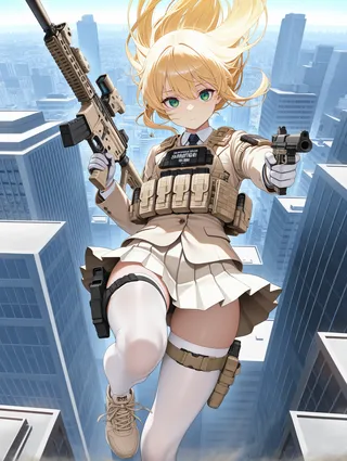 녹색 눈을 가진 금발 소녀가 도시 풍경 사이로 떨어지면서 돌격 소총과 권총을 조준하는 모습의 베이지색 전술 장비 착용.