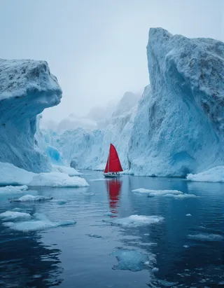 Una barca a vela con vela rossa vibrante naviga acque artiche calme circondate da imponenti iceberg blu, sotto un cielo nuvoloso diffuso, con riflessi ghiacciati sull'acqua.