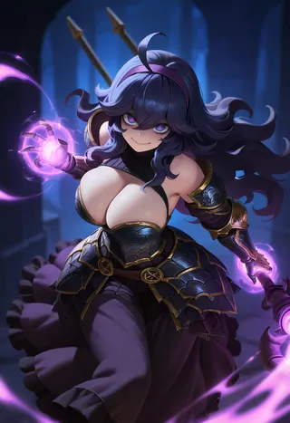 A dark-themed image of an armored woman with black hair and purple eyes casting purple magic, wearing breastplate armor and a dynamic pose.