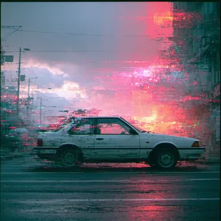 Vintage white car with pixelated digital glitch distortions and neon-colored glitch lines against an urban background with fragmented cloudy sky.