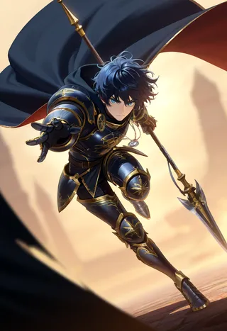 Male warrior with short messy black hair and intense blue eyes wearing black armor with gold trim, a cape, and wielding a spear in a dynamic forward pose.