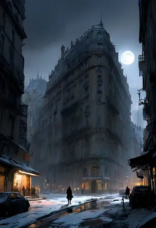 Moonlit futuristic Paris street at night in 2077 showing haussman architecture with heavy shadows, wet street reflecting lights, and a post-apocalyptic atmosphere.