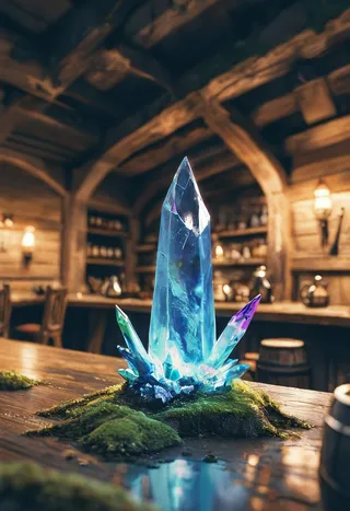 Close-up of a glowing blue and purple crystal surrounded by moss on a wooden tavern table with warm low lighting and rustic wooden beams in the background.