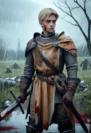 A medieval knight with blonde hair and green eyes stands on a rainy battlefield wearing bloodstained armor and chainmail, holding a sword with blood on it.