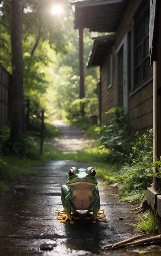 Close-up of a green frog sitting on a wet stone pathway with lush greenery and a wooden building in the background, sunlight creating lens flare.