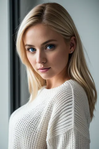 Portrait of a beautiful blonde woman with blue eyes wearing a white knitted sweater, captured in sharp focus with detailed textures and realistic lighting.