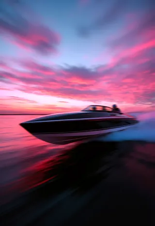 Black and white luxury racing boat speeding on calm sea at sunset with pink tinted sky and motion blur effect, two men at the helm wearing helmets.