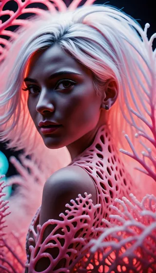 Close-up of an albino woman with voluminous white hair surrounded by glowing pink coral reef motifs and organic tracery, showcasing a shiny aura in hyper realistic style.