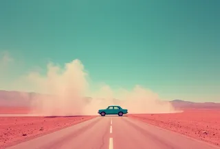 A turquoise car traveling on a straight road through a vast desert landscape with a muted rose color palette and a faded blue sky, dust clouds rising behind the car.