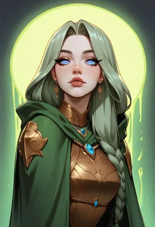 Portrait of a fantasy huntress ranger with bright blue eyes, braided silver hair, golden armor, and an emerald green cloak with glowing gems.
