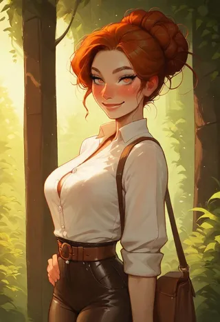 Portrait of an auburn-haired woman with freckles, wearing a white button-up shirt and leather pants, standing in a sunlit forest with painterly warm lighting.