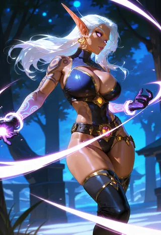 Fantasy blood elf woman with white hair and glowing purple eyes casting magic with swirling energy, wearing revealing black and gold fantasy outfit with thigh high boots and tattoos.