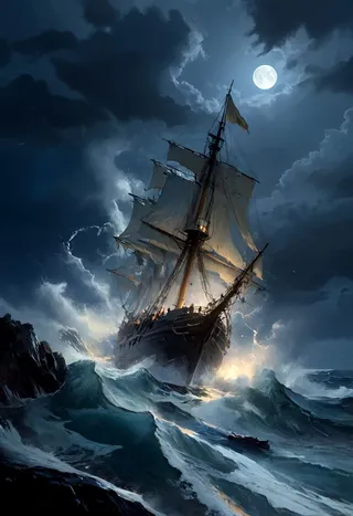 Historic Santa Maria sailing ship braving colossal storm waves under intense moonlight and dark thunderclouds at night, with vivid sea spray and textured ocean.