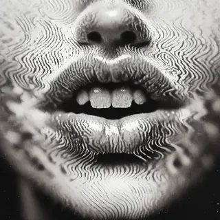 女性嘴唇特寫黑白圖像，嘴唇微張露出牙齒，覆蓋抽象干涉圖案。