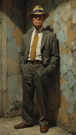 Middle-aged man with a stern expression wearing a wrinkled suit, tan tie, and fedora hat standing against cracked plaster walls in an empty space.