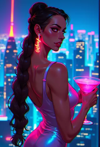 A poised woman in an iridescent gown with glowing fiber-optic braided hair and cybernetic earrings holds a glowing cocktail against a neon cityscape backdrop.