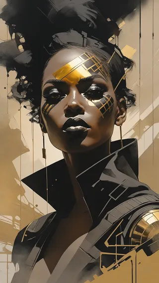 Close-up portrait of a Black woman with futuristic gold geometric face war paint, dark makeup, and an artistic smoke background.