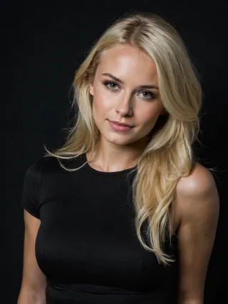 Close-up portrait of a smiling blond woman with long hair wearing a black shirt against a dark background