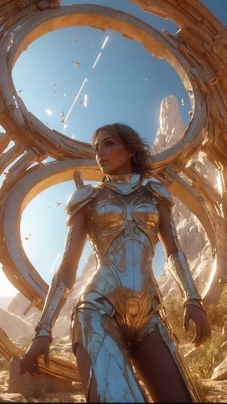 A female futuristic warrior in a metallic armor suit stands in a desert combat zone beneath a large circular portal with a mirrored universe effect and distant rocky mountains, illuminated by cinematic backlighting.