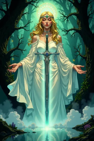 A serene ethereal woman in a flowing white gown stands in an enchanted forest, holding a glowing sword vertically above a reflective pool, surrounded by soft magical light and mist.