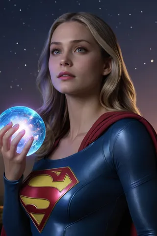 Supergirl holding a shiny iridescent glowing orb, gazing thoughtfully with a starry night skyscape in the background.