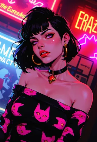 A rebellious model with a lavender bob cut, sharp features accentuated by gold make-up and black eyeliner, wearing a black off-shoulder top covered in pink cat prints and a choker, illuminated by vibrant neon lighting.