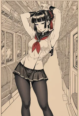 Monochrome detailed hatching drawing of a school girl wearing black tights and a micro miniskirt inside a train with a ukiyo-e inspired style.