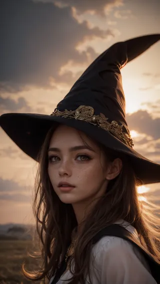 Photorealistic portrait of a young witch wearing a tall black hat adorned with golden decorations, with chestnut hair and freckles, looking thoughtfully during sunset.