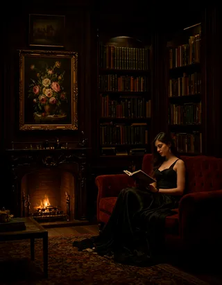 A woman in a black dress reading a book on a dark red velvet sofa in a cozy, dimly lit library room with a lit fireplace, floral painting, and tall bookshelves.