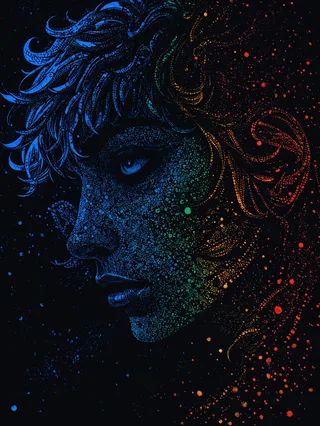 Profile silhouette of a face with wild hair rendered in pointillism style with vivid blue, green, and orange split-tone lighting on black background
