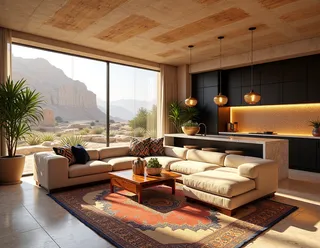 Modern Arabic living room with beige U-shaped sofa, colorful geometric cushions, wooden coffee table on patterned rug, floor-to-ceiling window overlooking rocky desert, open kitchen with black cabinetry, marble island, and warm pendant lights.