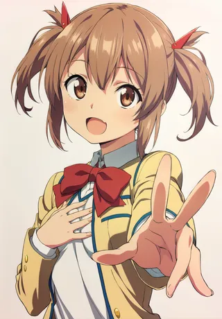 Anime girl with short brown twintails wearing a school uniform with a red bowtie, smiling happily and reaching towards the viewer with her hand.