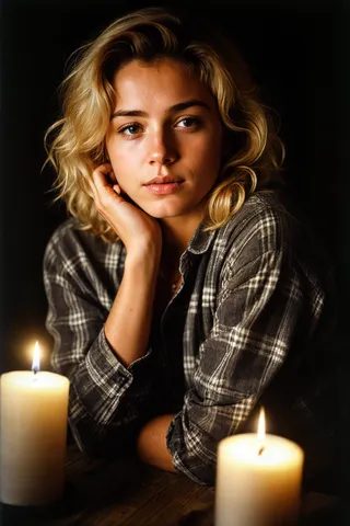 Portrait of a blonde woman with textured skin and a troubled expression, wearing a plaid flannel shirt, illuminated by warm candlelight in a dark cave setting.
