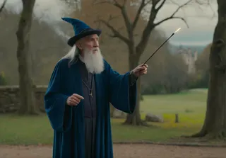 An old wizard in a dark blue robe and pointy hat holds a wand emitting a small flicker of light, standing outdoors near trees with a distant castle in the background.