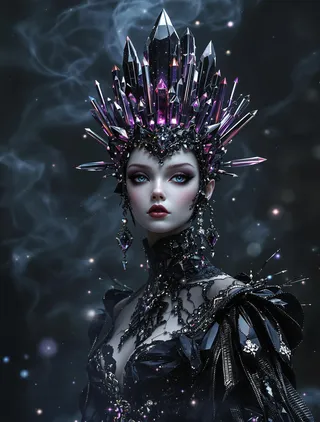 A surreal portrait of a delicate girl wearing an elaborate gothic gown with black crystals and lace, adorned by a towering crystal diadem with purple and black hues, set against a dark misty background.